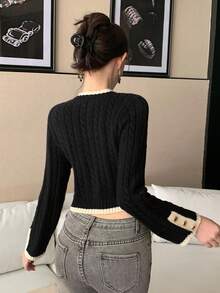 DAZY 女士优雅撞色饰边纽扣针织毛衣，秋季 - 黑色 - 查看 2