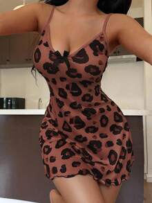 SHEIN 女式蝴蝶结装饰 V 领豹纹吊带背心迷你睡袍 - 棕色 - 查看 1