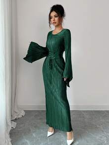 Elenzga Women's Solid Color V-Neck Flare Sleeve Waist Tie Design Pleated Fitted Elegant Elegant Dress Party Dark Green Autumn - Dark Green - View 3