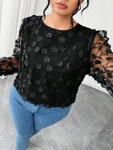 Elenzga Plus Size Women's Round Neck Elegant 3D Floral Embroidered Mesh Lantern Sleeve Blouse - Black - View 5