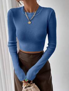 EMERY ROSE Casual Solid Color Fitted Cropped Sweater, Autumn Holiday Blue - Baby Blue - View 4