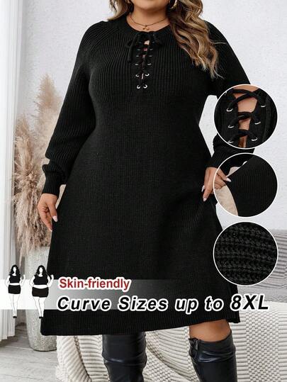 SHEIN CURVE+ 秋冬大码女式黑色领带腰连衣裙