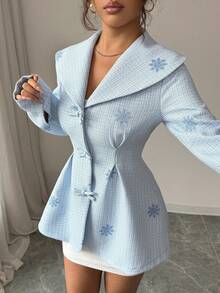 Elenzga Veste élégante régulière pour femmes avec nœud décoratif, taille cintrée et design plissé, style automnal à carreaux - Bleu azur - Voir 5