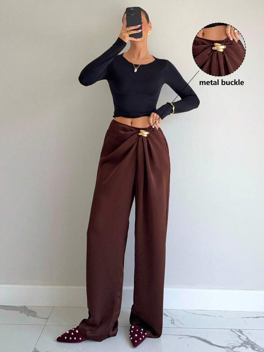 Siren Gaze Pantalones de oficina de moda para mujer con decoración de metal - Marrón - Ver 1
