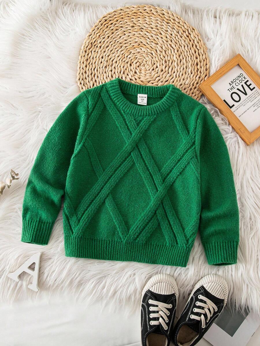 SHEIN Young Boy Casual Solid Color Crew Neck Knit Sweater, Autumn/Winter Green Sweater - Green - View 1