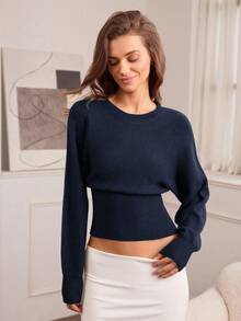 Hanevo Áo len dệt kim cổ tròn, eo rút dây, dáng ôm, màu trơn, đa năng cho mùa thu/đông - Xanh đậm - Xem 3