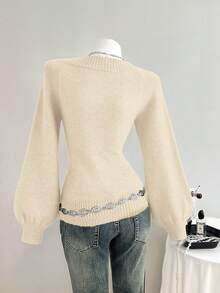 Elamini Áo len trơn cổ chữ V tay raglan thường ngày cho nữ - Màu Khaki - Xem 2