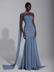 Elitara Elegant Cream Yellow Chiffon Halter Neck Dress (Detachable Sequins), Bust Ruched, Mesh Hem Fishtail, Suitable For Dates, Vacation, Weddings, Bridesmaid Events