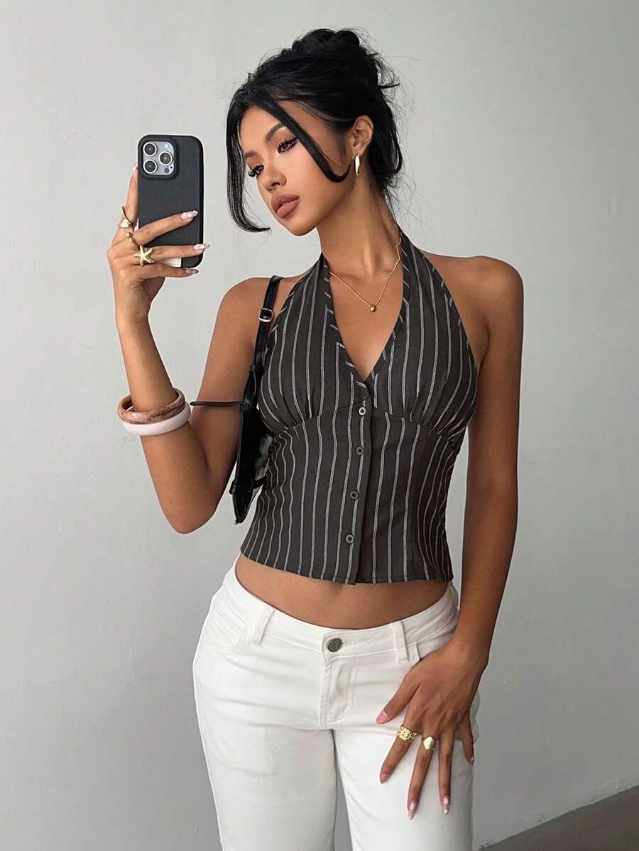 Aloruh Women's Cotton Striped Stand Collar Single-Breasted Top Thin Suit Jacket - Grey - View 1