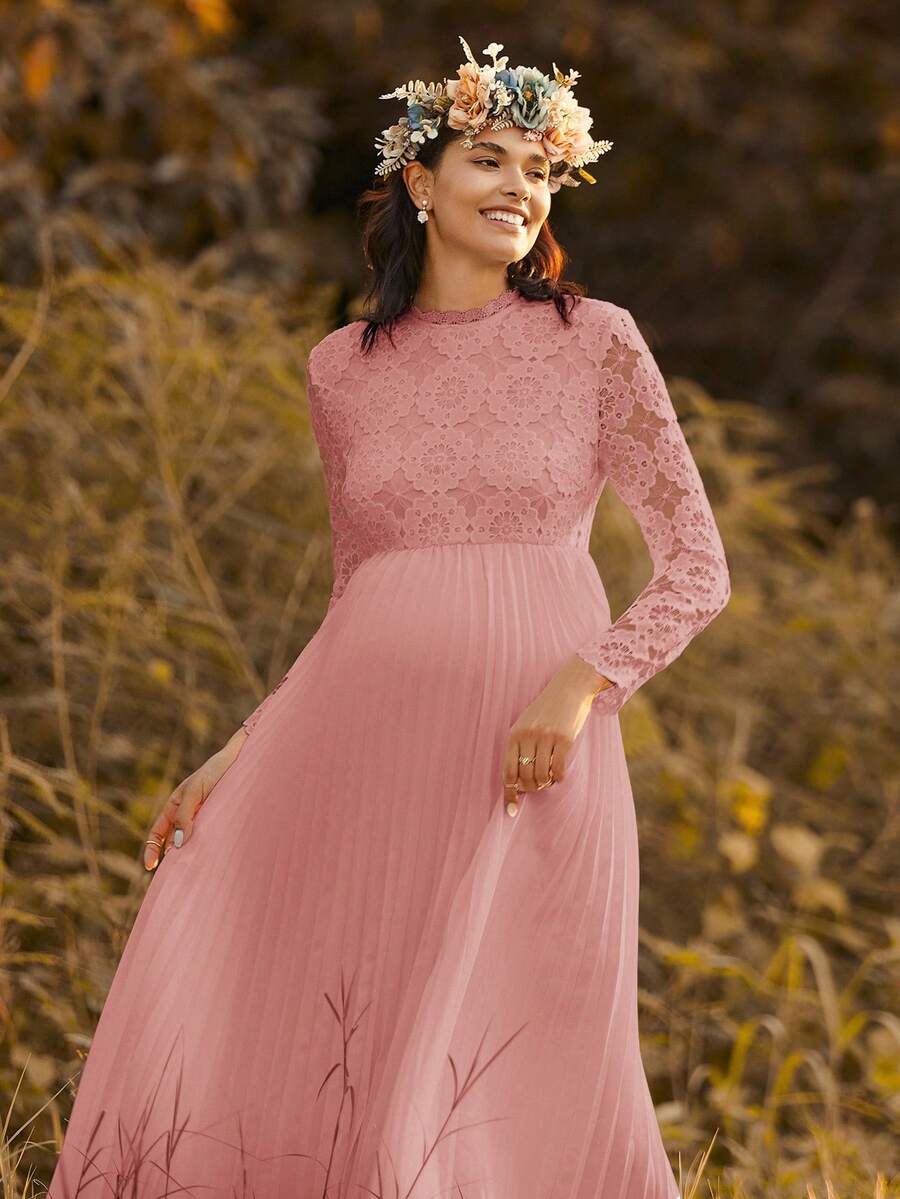 SHEIN 孕妇撞色蕾丝长袖褶边优雅连衣裙 - 粉色 - 查看 1