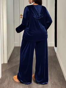 Slaydiva Bộ đồ thể thao thường ngày, thoải mái, màu nâu trơn, dáng rộng, vai rớt, gồm áo hoodie và quần dài ống rộng có túi, chất liệu nhung, dành cho nữ cỡ lớn, gồm 2 món. - Màu xanh lam - Xem 2