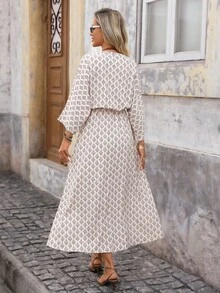 Brillora 女士V领半开领纹理面料中长宽松连衣裙，适合外出度假，秋冬季 - 彩色 - 查看 2