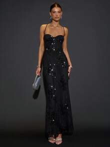 SHEIN BAE Váy dự tiệc cocktail dài thanh lịch thêu kim sa, dây mảnh, viền đuôi cá dành cho nữ, váy dự tiệc ngắn màu đen, thích hợp cho các bữa tiệc, sự kiện trang trọng, dạ hội, ngày lễ, Halloween, Giáng sinh - màu đen - Xem 3