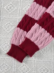 SHEIN Tween Girls Striped Color Block Cable Knit V-Neck Lantern Sleeve Oversized Pullover Sweater, Suitable For Autumn/Winter Outdoor Wear Teen Girls Uniform Girl Sweaters Teen Girl Knit Tween Girl Knit Sweater Wednesday Addams Girls Knitted Top Tween Girl Jumper