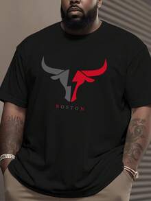 Manfinity Homme Plus Size Men's Bull Head Graphic Round Neck Short Sleeve T-Shirt, Summer