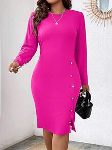 EMERY ROSE 大码纯色修身通勤连衣裙 - 玫紅色 - 查看 3