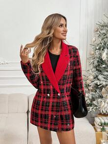 SHEIN LUNE Plus-Size Women's Christmas For Women Red Tweed Women's Coat For Autumn And Winter Is Suitable For Christmas Thickened For Warmth Gothic Women Winter Coats Elegant For Women Thanksgiving For Women Red Thick Woolen Coat For Women, Suitable For Christmas, Autumn/Winter Winter Women Women New Year Women's Coats - Red - View 9