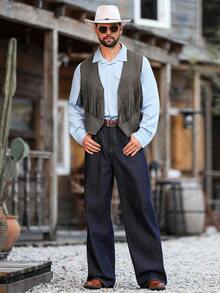 Manfinity Nomadique Men's Casual Fringe Detail Front Open Vest, Autumn Fringe Jacket Men S Cowboy Vest Western Wear For Men Fleece - Light Grey - View 5