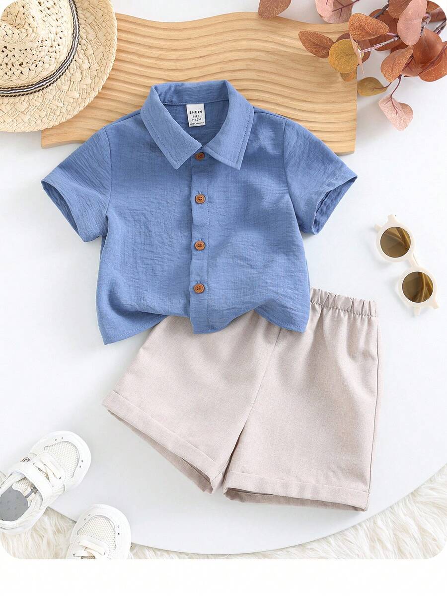 2 件套男婴/女婴休闲纯色短袖衬衫和松紧腰短裤套装，适合夏季居家、外出、旅行和度假