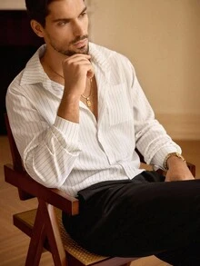 HIMLAND Men Casual Striped Long Sleeve Single-Breasted Pocket Shirt And Pants Set, Suitable For Daily Wear, Fall Clothes - Multicolor - View 1