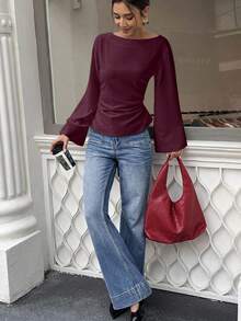 EMERY ROSE Women's Elegant Solid Color Waist Cinched Flare Sleeve Blouse, Autumn, Christmas