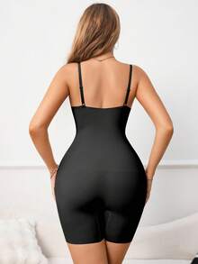 SHEIN 1pc Women's Solid Color Adjustable Strap Bodysuit Shorts - Black - View 2