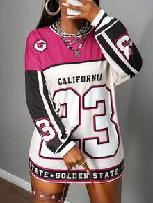 Slaydiva 2025 New Summer And Early Autumn New Casual Street Sports Style Daily Dating Music Festival Round Neck Long Sleeve Drop Shoulder Super Loose T-Shirt 23 Digital Slogan Logo Print Brown Splicing White Print Women's T-Shirt