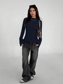 Flirla Women's Fashionable Flare Sleeve Solid Color Casual Sweater, Autumn - Blue - View 4