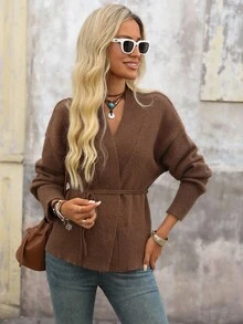 Brillora Cárdigan de punto casual de manga larga con hombros caídos y unicolor para mujer, otoño/invierno