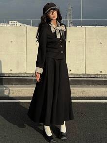 DAZY 女士蝴蝶结装饰外套和百褶裙两件套，秋季女士休闲套装 - 黑色 - 查看 6