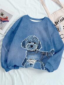 Sudadera casual cómoda y cálida con estampado de cachorro animal de dibujos animados, en degradado azul, para mujer. Adecuada para otoño/invierno