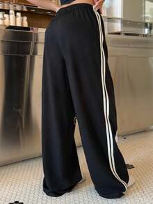 Muchica Women's Black Knit Letter & Bow Print Drawstring Waist Wide Leg Loose SweatPants,Autum / Winter - Black - View 2