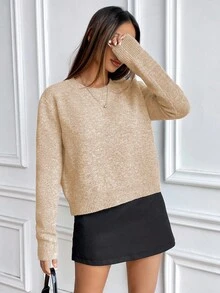 SHEIN LUNE Casual Style Solid Color Crew Neck Knit Long Sleeve Sweater - Apricot - View 5
