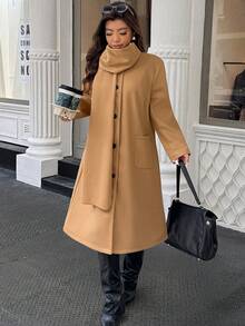 Easura Plus Size Women's Solid Color Long Sleeve Casual Jacket, Autumn/Winter - Khaki - View 3