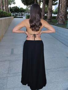 MDEdit 低腰抽绳飘逸长裙海滩罩衫度假春夏优雅性感伊比沙岛适合春夏波西米亚风黑色 - 黑色 - 查看 2