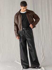 SWAVVY 男士梭织休闲日常宽松长袖拉链衬衫，适合秋冬 - 棕色 - 查看 3