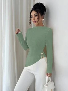 Elenzga Y2K 风格女式罗纹针织条纹高领长袖褶饰套头衫，芥末黄，修身廓形，不对称金属纽扣装饰，适合春秋休闲装和分层穿着 - 軍綠色 - 查看 6