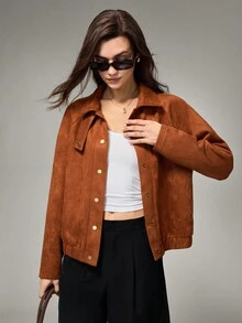 Hanevo Women's Casual Loose Fit Single-Breasted Jacket With Raglan Sleeves, Autumn - Coffee Brown - View 7