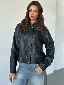 Firerie 女式新款黑色简约优雅日常时尚百搭翻领拉链 PU 皮革和人造毛皮拼接长袖机车夹克，女式宽松夹克秋冬女装