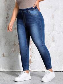 EMERY ROSE Winter Plus Size Casual Washed Elastic Waist Slim Fit Jeans - Dark Wash - View 3