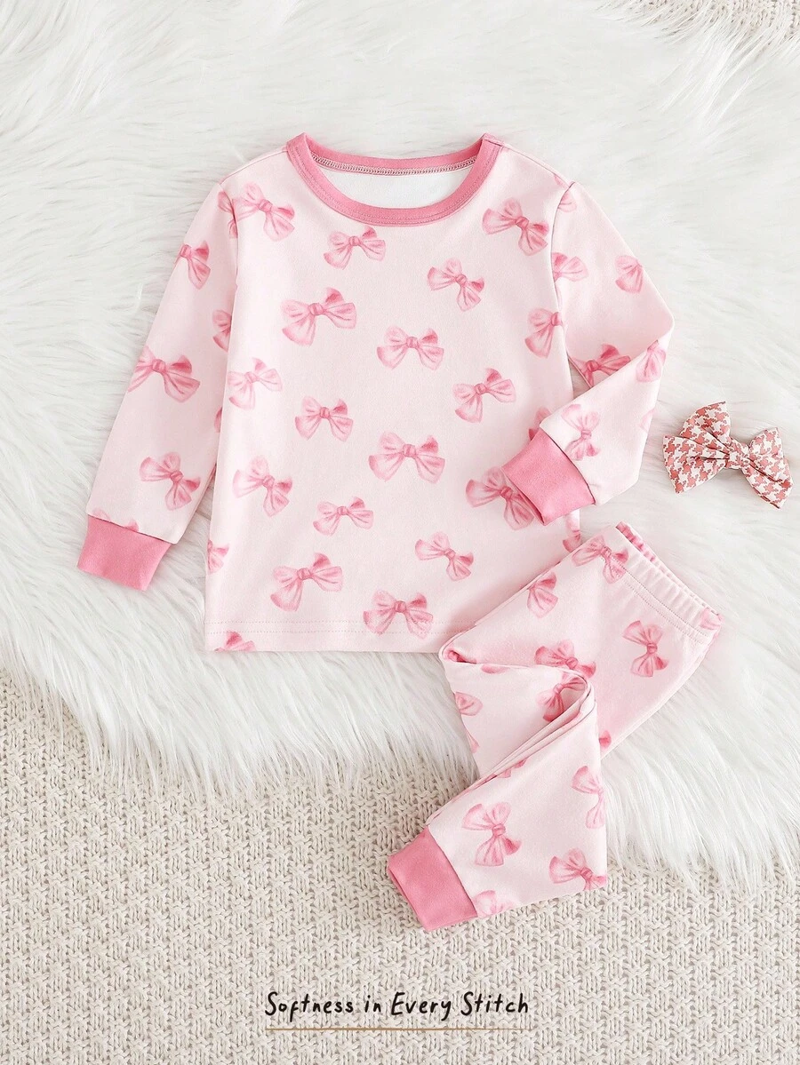 Cozy Pixies Baby Girl Cartoon Bear Print Knit Soft Crew Neck Long Sleeve Top And Elastic Waist Long Pants 2 Pieces Snug Fit Pajama Set Toddler Sleepwear Baby Girl Pajama Set Baby Girl Sleepwear Baby Girl Bow Print Set Cute Pj Set - Multicolor - View 1