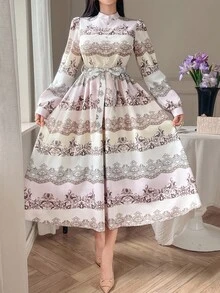 DAZY Váy maxi chữ A tay dài in hoa phong cách cung điện cổ điển thanh lịch, đơn hàng khuy dành cho nữ - Nhiều màu - Xem 3