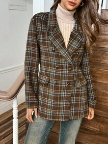 女士棕色复古格子翻领长袖休闲西部夹克，LanaWest