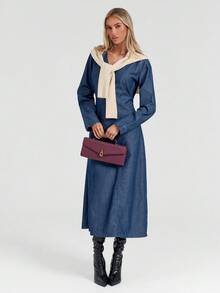 Avantive 女士时尚通勤束腰牛仔连衣裙 - 中等水洗藍 - 查看 6