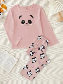 Genkimix Kids 2件套女童熊猫印花休闲舒适长袖上衣和裤子家居服套装