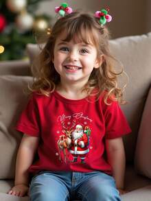 SHEIN Cute Reindeer & Santa Claus Graphic Print Short Sleeve T-Shirt,Versatile Creative Party Fashion Top - Red - View 3