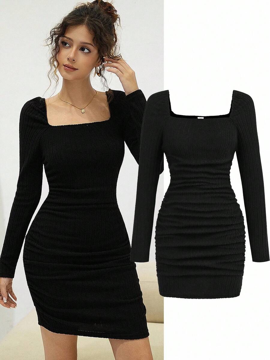 SHEIN 少女束腰褶皱方领长袖休闲连衣裙，适合派对和返校穿着 - 黑色 - 查看 1