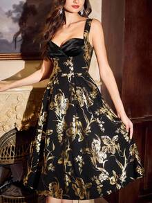 Vintamour 复古优雅女装缎面拼布派对鸡尾酒会礼服 女式秋季服装 万圣节服装 冬装 圣诞冬装女装 女式秋季服装 女式万圣节服装 女式圣诞服装 圣诞派对礼服 新年礼服 女式感恩节服装 优雅派对礼服 优雅派对礼服 - 黑色 - 查看 3