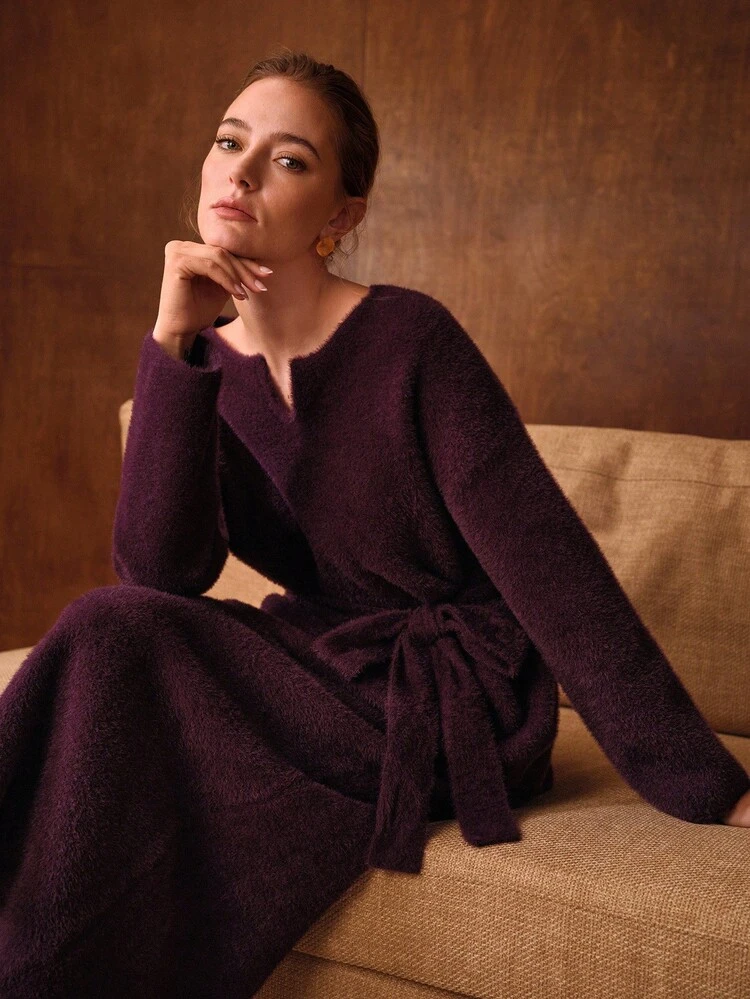 SOLID NOTCH NECK FLUFFY KNIT BELTED SWEATER & SPLIT BACK KNIT SKIRT SET