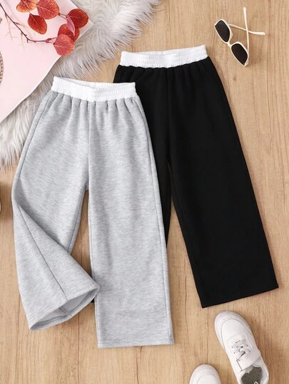 SHEIN Girlism 两件套少女休闲针织运动裤，撞色腰带，街头风，纯色针织宽松休闲运动裤，酷炫街头风，日常穿着，校园日常，休闲可爱，姐妹装，母女装，万圣节